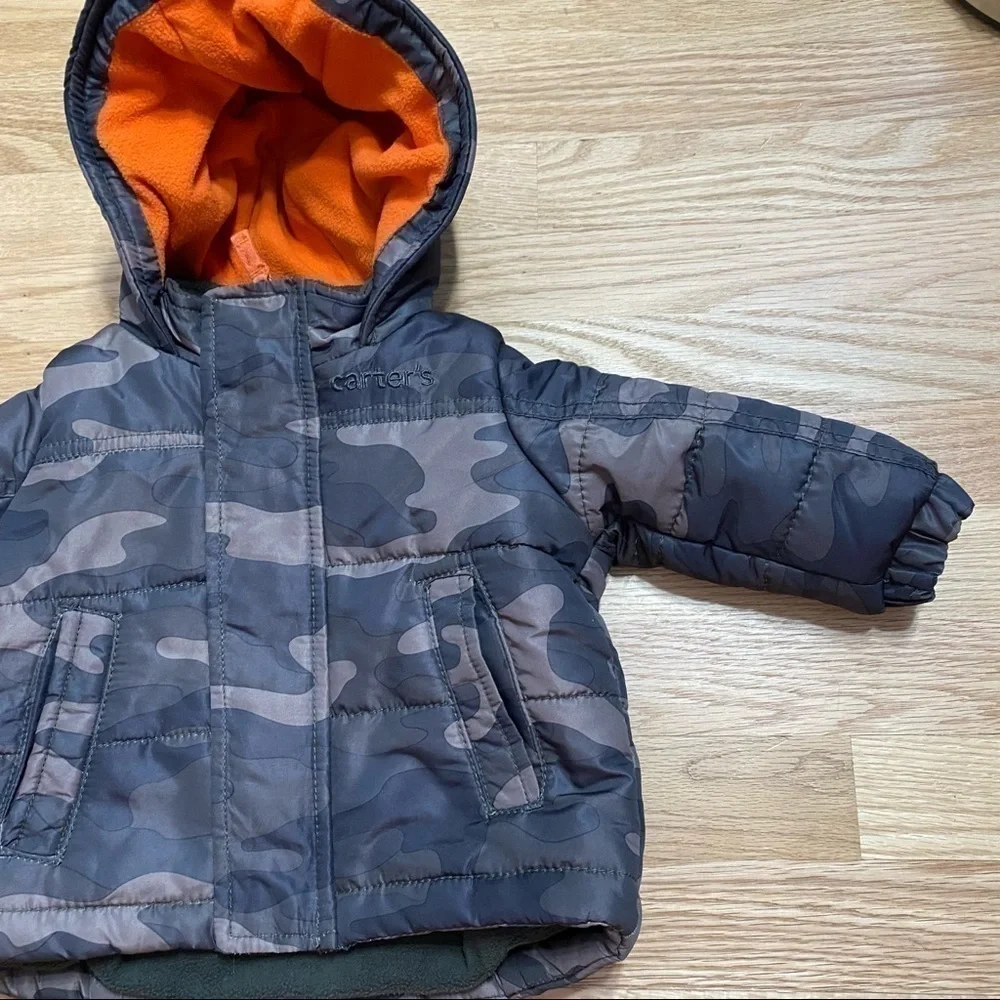 Carter’s Puffer Jacket 12 mos Full Zip Camouflage Green Orange Hooded